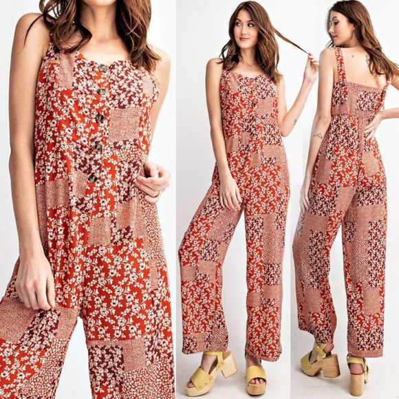 Easel Pants - NEW Mix Floral Patch Print Button Front Jumpsuits